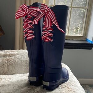 Navy Rain Boots with Red Striped Laces